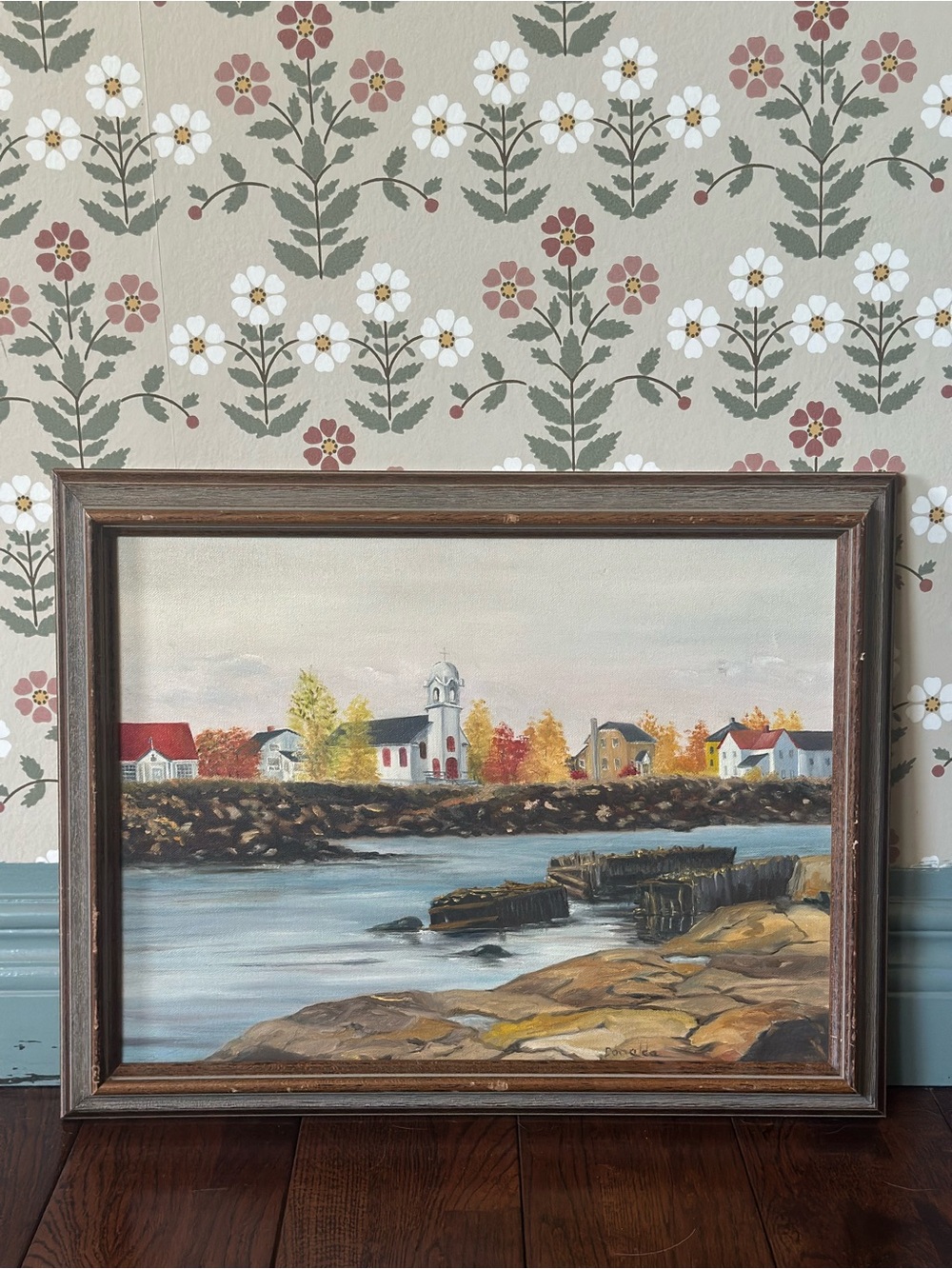 Framed Coastal Village Landscape Painting in Brown and Blue